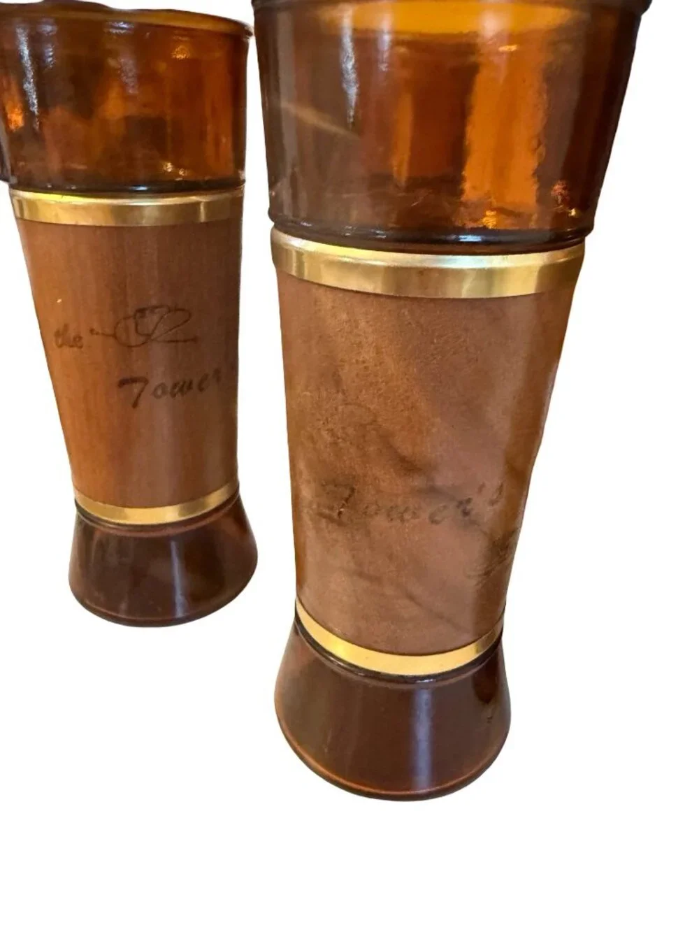 Vintage The Tower's Amber Glass Tumblers Genuine Walnut Wood Jackets Set of 6 MC